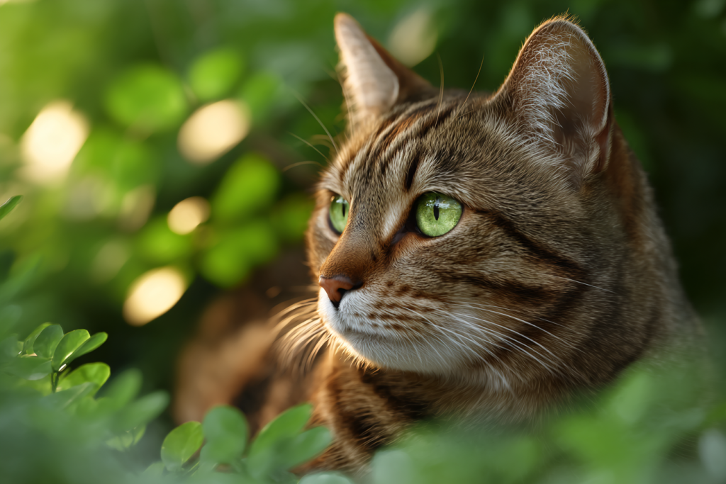 Schöne Katze im Garten, umgeben von grünen Blättern. Agros bietet hochwertiges Vogelfutter und Katzenstreu für glückliche Haustiere und eine gesunde Umgebung.