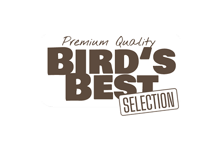 Rechteckiges Logo mit den Worten „Premium Quality BIRD'S BEST SELECTION“ in brauner Schrift auf weißem Hintergrund.