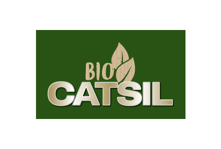 Logo mit grünem Hintergrund, der Text „BIO CATSIL“ und zwei stilisierte Blätter darüber.
