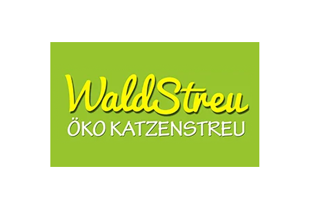 Grünes Logo mit gelbem Schriftzug „WaldStreu“ und weißem Text „ÖKO KATZENSTREU“ darunter, ökologische Katzenstreu-Werbung.