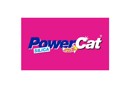PowerCat Silica Energy Crystals Logo auf pinkem Hintergrund, Text in Blau, Weiß und Gelb.